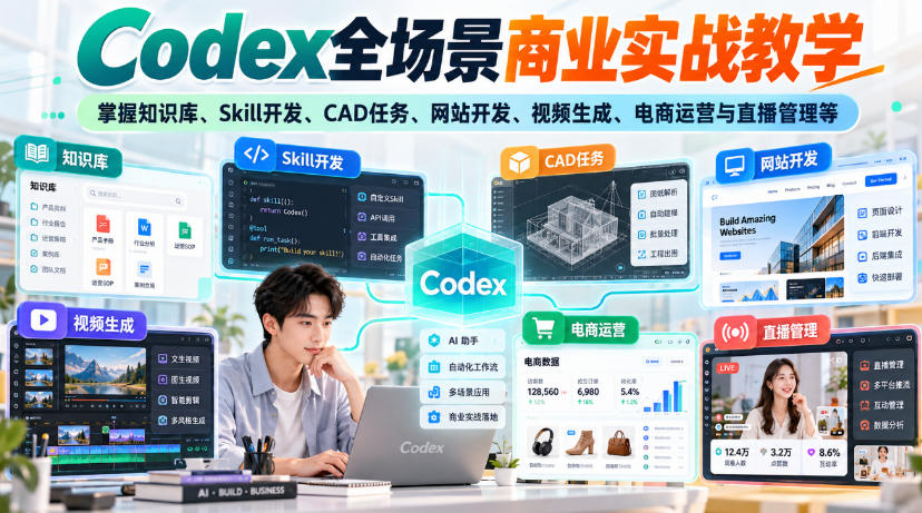 Codex全场景商业实战教学，掌握知识库、Skill开发、CAD任务、网站开发、视频生成、电商运营与直播管理等(更新1010)-优优云网创