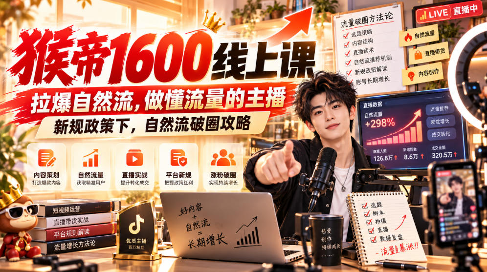 猴帝1600线上课，拉爆自然流，做懂流量的主播，新规政策下，自然流破圈攻略【更新261002】-优优云网创