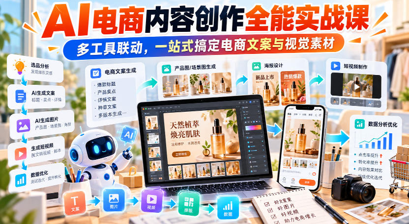 【无水印】AI电商内容创作全能实战课｜多工具联动，一站式搞定电商文案与视觉素材-优优云网创
