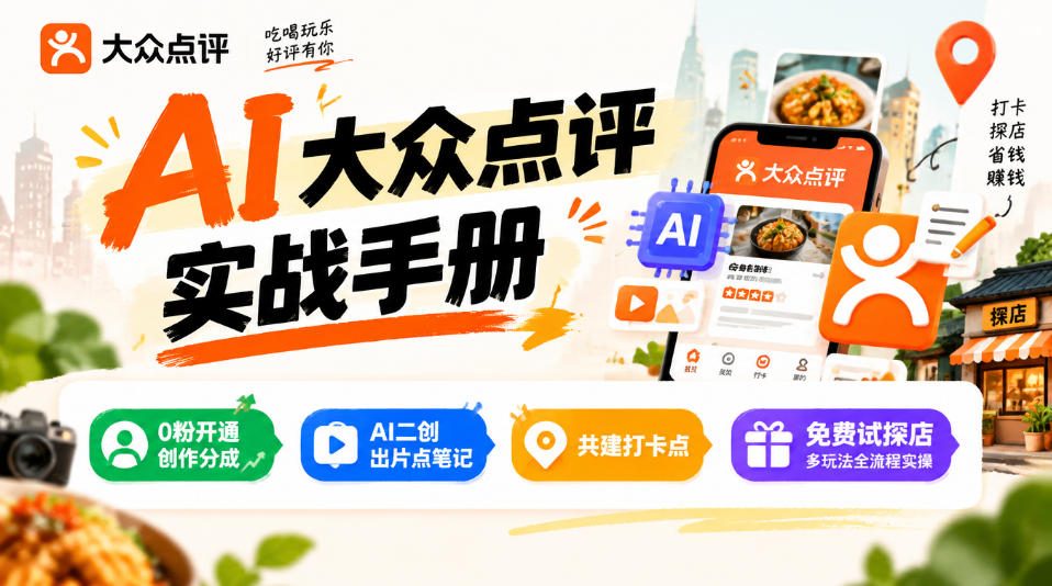 某局的AI大众点评实战手册，0粉开通创作分成、AI二创出片点笔记、共建打卡点、免费试探店多玩法全流程实操-优优云网创