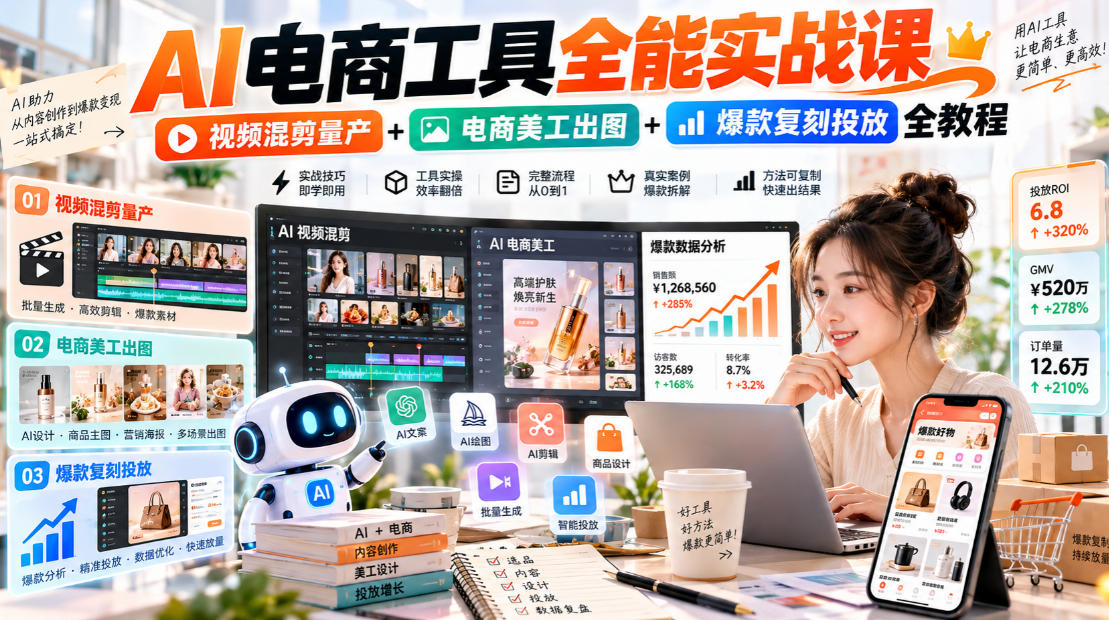 AI电商工具全能实战教学，视频混剪量产+电商美工出图+爆款复刻投放全教程​-优优云网创
