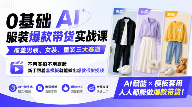 0基础AI服装爆款带货实战课｜覆盖男装、女装、童装三大赛道，不用实拍不用露脸，新手跟着套模板就能做出爆款带货视频(更新1010)-优优云网创