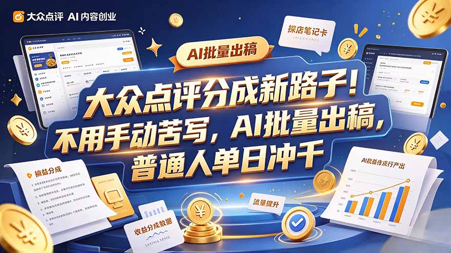 大众点评副业新玩法，工具提效解放双手，批量做笔记，单日可破千-优优云网创