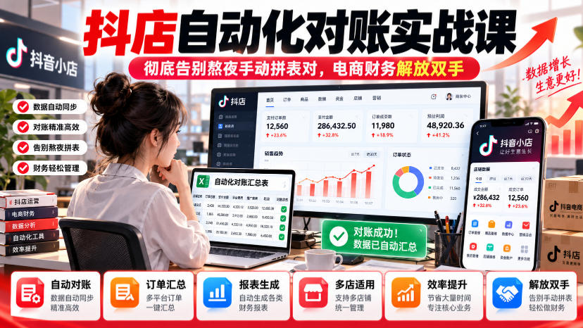 抖店自动化对账实战课，彻底告别熬夜手动拼表对，账电商财务解放双手-优优云网创