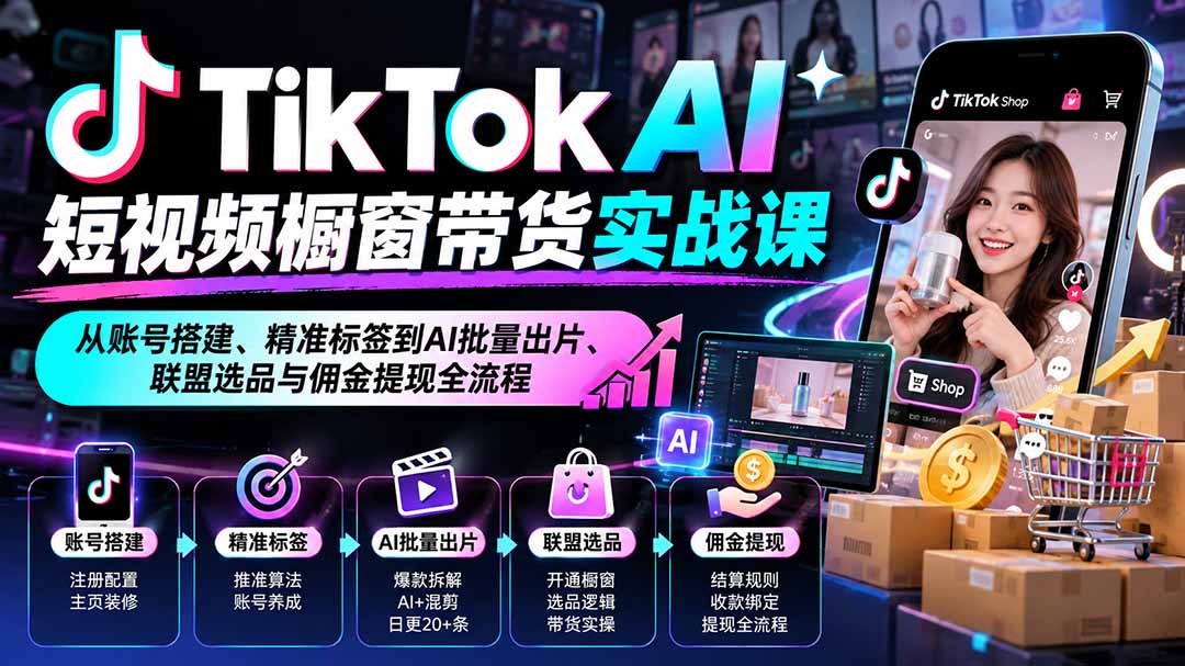 TikTok AI短视频橱窗带货实战课：从账号搭建、精准标签到AI批量出片、联盟选品与佣金提现全流程-优优云网创