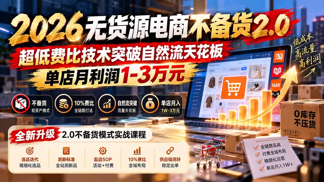2026无货源电商不备货2.0【更新1010】:超低费比技术突破自然流天花板,单店月利润1-3万元-优优云网创