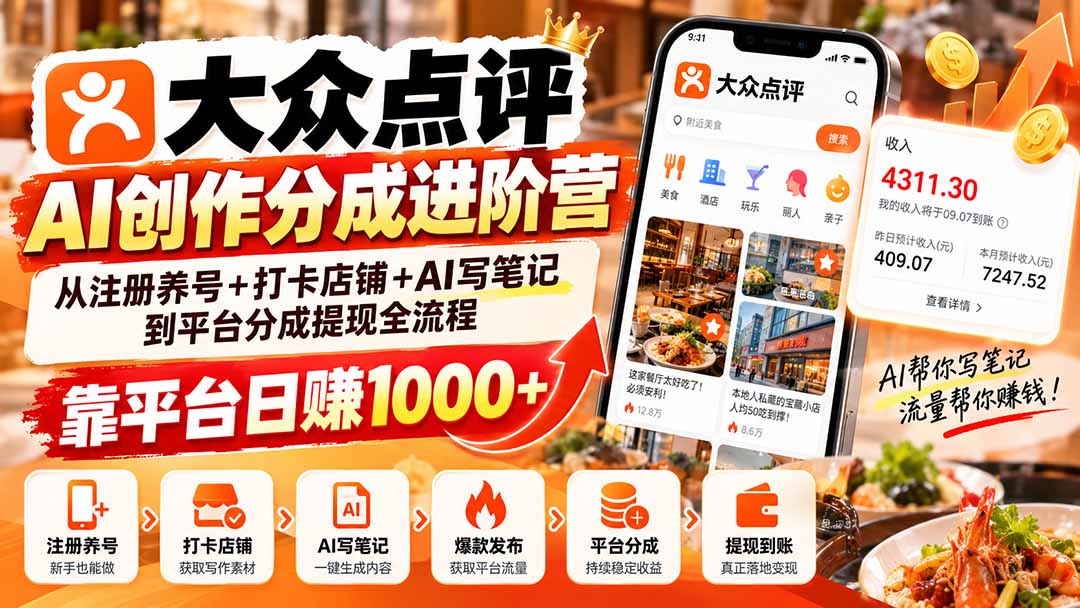 大众点评AI创作分成进阶营：从注册养号+打卡店铺+AI写笔记到平台分成提现全流程，靠平台日赚1000+-优优云网创