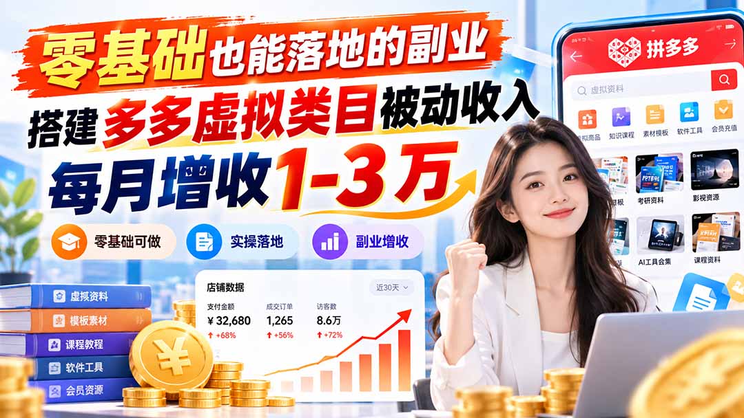 零基础也能落地的副业，搭建多多虚拟类目被动收入，每月增收 1-3 万-优优云网创