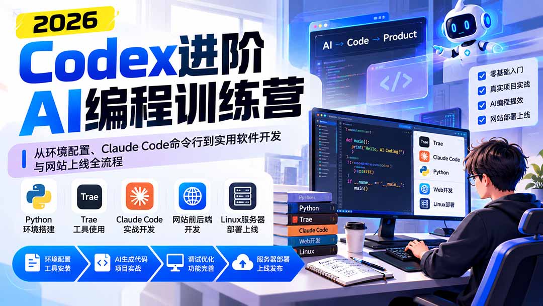 Codex进阶AI编程训练营：从环境配置、Claude Code命令行到实用软件开发与网站上线全流程-优优云网创