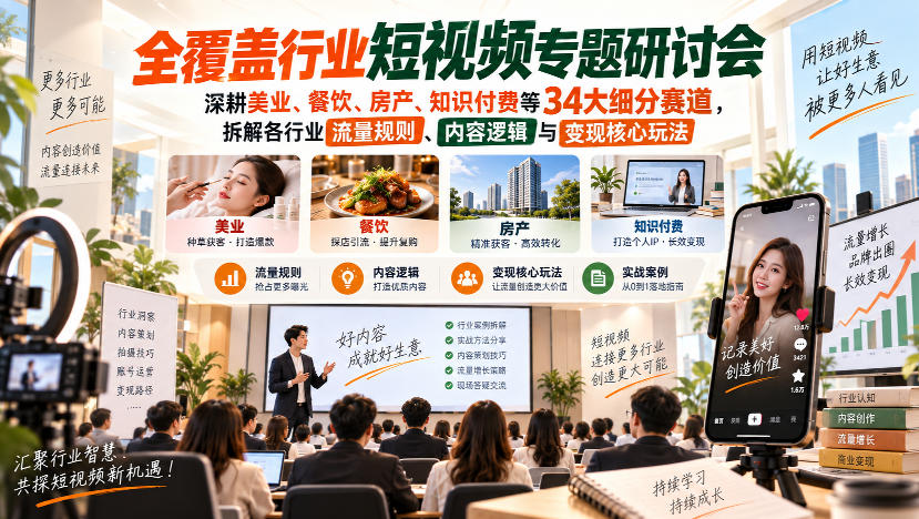 短视频专题研讨会，深耕美业、餐饮、房产、知识付费等34大细分赛道，拆解各行业流量规则、内容逻辑与变现核心玩法(更新1011)-优优云网创