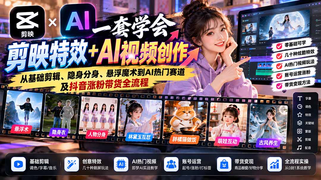 一套学会剪映特效+AI视频创作：从基础剪辑、隐身分身、悬浮魔术到AI热门赛道及抖音涨粉带货全流程-优优云网创