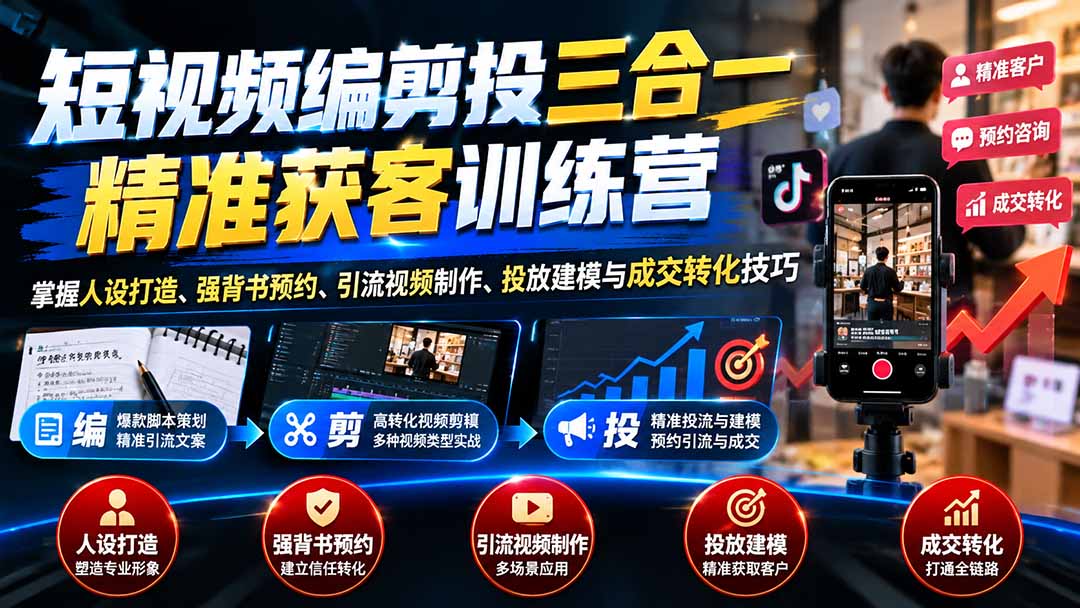 短视频编剪投三合一精准获客训练营：掌握人设打造、强背书预约、引流视频制作、投放建模与成交转化技巧-优优云网创