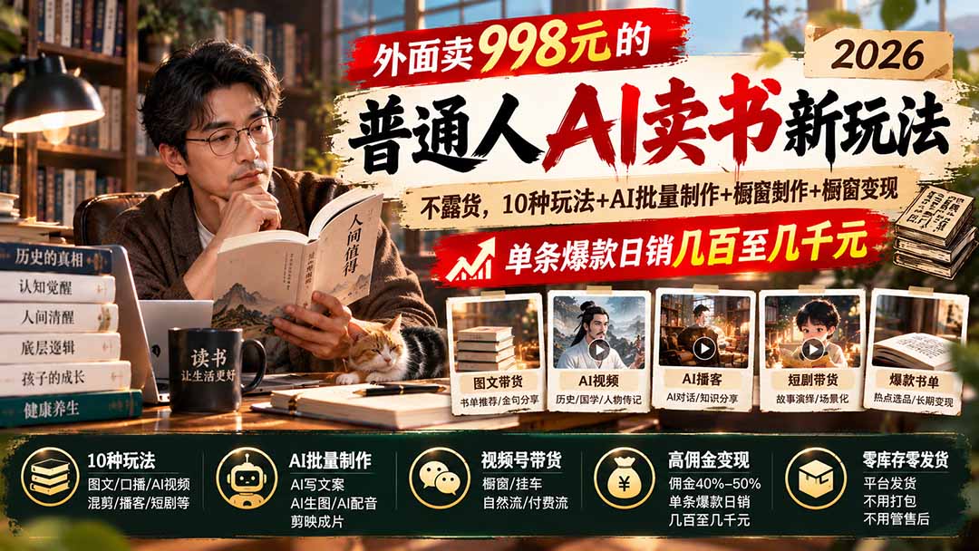 外面卖998元的2026普通人AI卖书新玩法:不露脸、不囤货,10种玩法+AI批量制作+橱窗变现,单条爆款日销几百至几千元-优优云网创