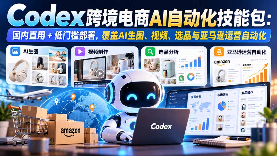 【无水印】Codex跨境电商AI自动化技能包：国内直用+低门槛部署，覆盖AI生图、视频、选品与亚马逊运营自动化-优优云网创