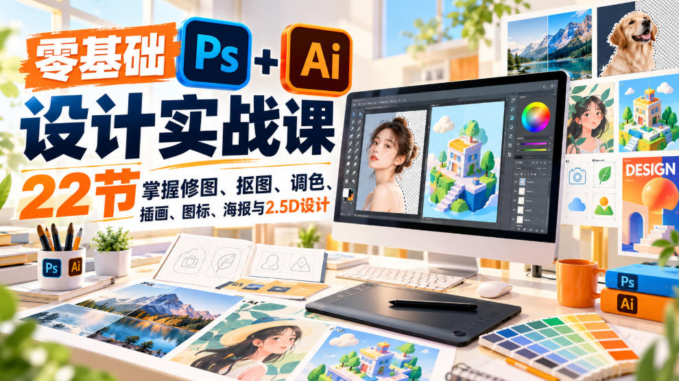 【无水印】零基础PS+AI设计实战课｜22节掌握修图、抠图、调色、插画、图标、海报与2.5D设计-优优云网创