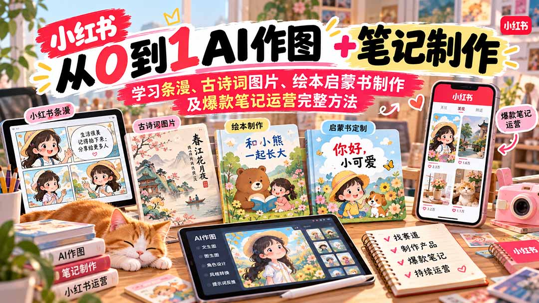 2026小红书AI内容创作从0到1-更新1009：学习条漫、古诗词图片、绘本启蒙书制作及爆款笔记运营完整方法-优优云网创