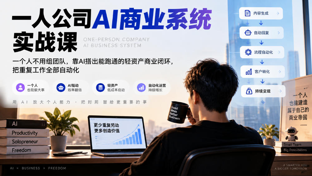 一人公司AI商业系统实战课，一个人不用组团队，靠AI搭出能跑通的轻资产商业闭环，把重复工作全部自动化-优优云网创