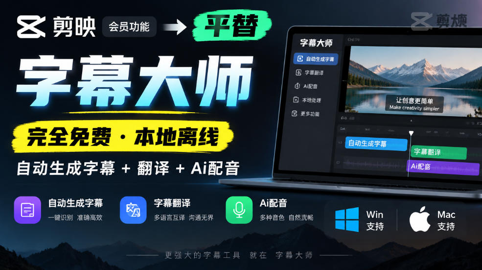 剪映会员功能平替，字幕大师完全免费本地离线，支持自动生成字幕+翻译+Ai配音，Win和Mac都支持！-优优云网创