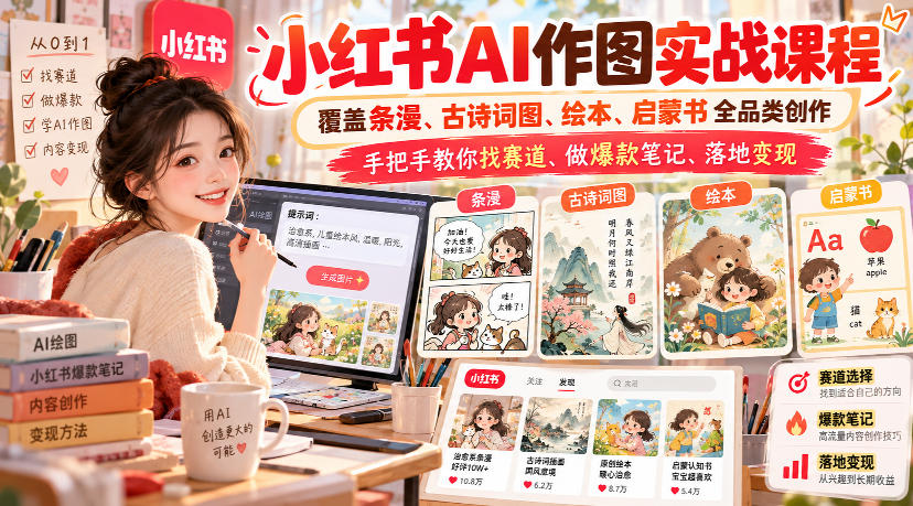 小红书AI作图实战课程，覆盖条漫、古诗词图、绘本、启蒙书全品类创作，手把手教你找赛道、做爆款笔记、落地变现(更新1009)-优优云网创