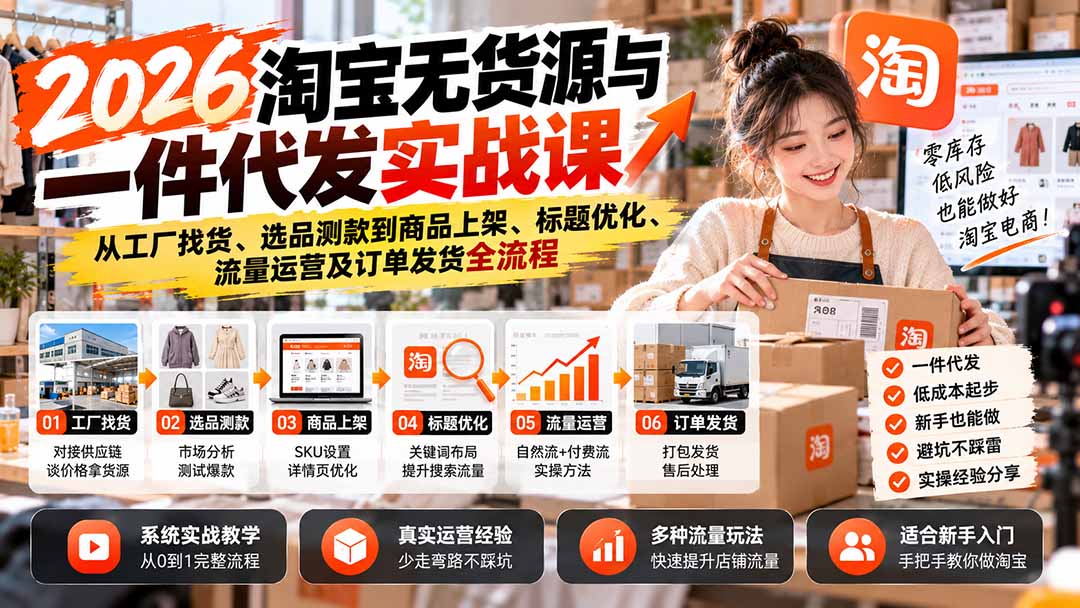 2026淘宝无货源与一件代发实战课:从工厂找货、选品测款到商品上架、标题优化、流量运营及订单发货全流程-优优云网创