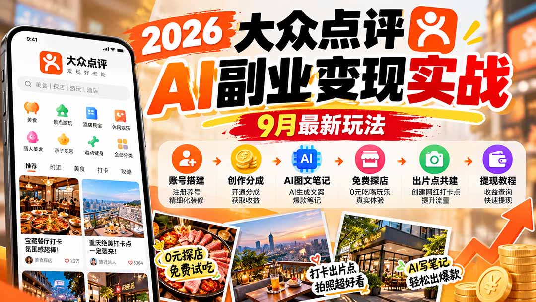 2026大众点评AI副业变现实战9月最新玩法：账号搭建+创作分成+AI图文笔记+免费探店+出片点共建与提现教程-优优云网创