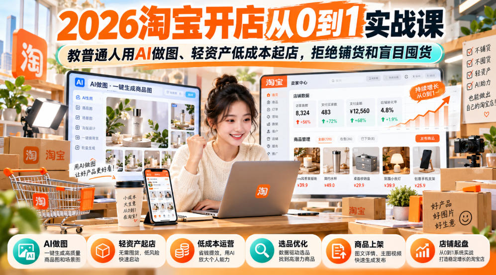 2026淘宝开店从0到1实战课，教普通人用AI做图、轻资产低成本起店，拒绝铺货和盲目囤货-优优云网创