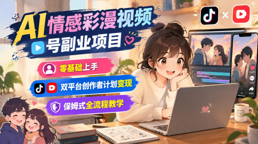 AI情感彩漫视频号副业项目，零基础上手，双平台创作者计划变现，保姆式全流程教学-优优云网创
