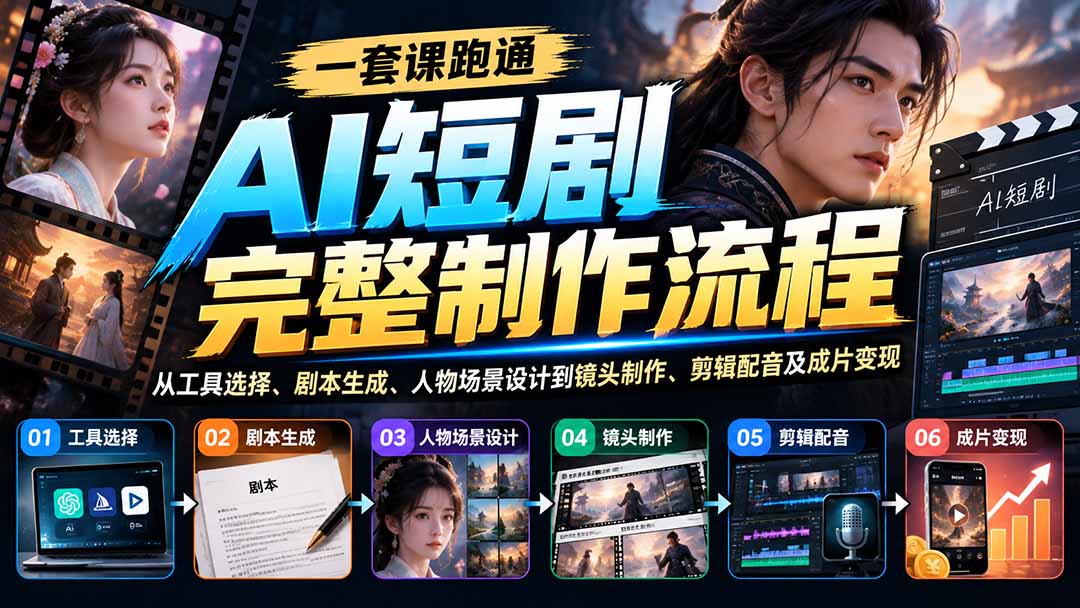 一套课跑通AI短剧完整制作流程：从工具选择、剧本生成、人物场景设计到镜头制作、剪辑配音及成片变现-优优云网创