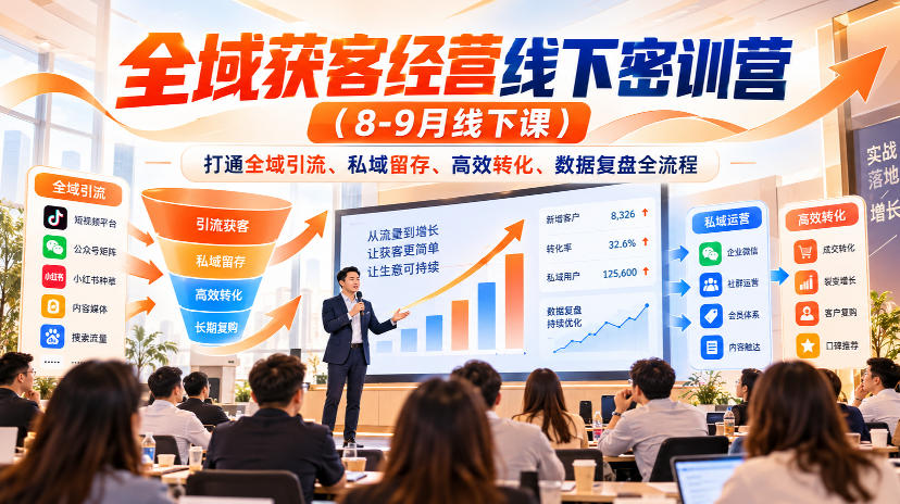 全域获客经营线下密训营(8-9月线下课)，打通全域引流、私域留存、高效转化、数据复盘全流程-优优云网创