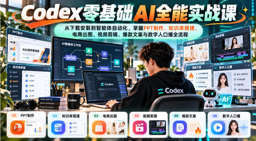 Codex零基础AI全能实战课：从下载安装到智能体自动化，掌握知识库搭建、电商出图、视频剪辑、爆款文案与数字人口播全流程-优优云网创