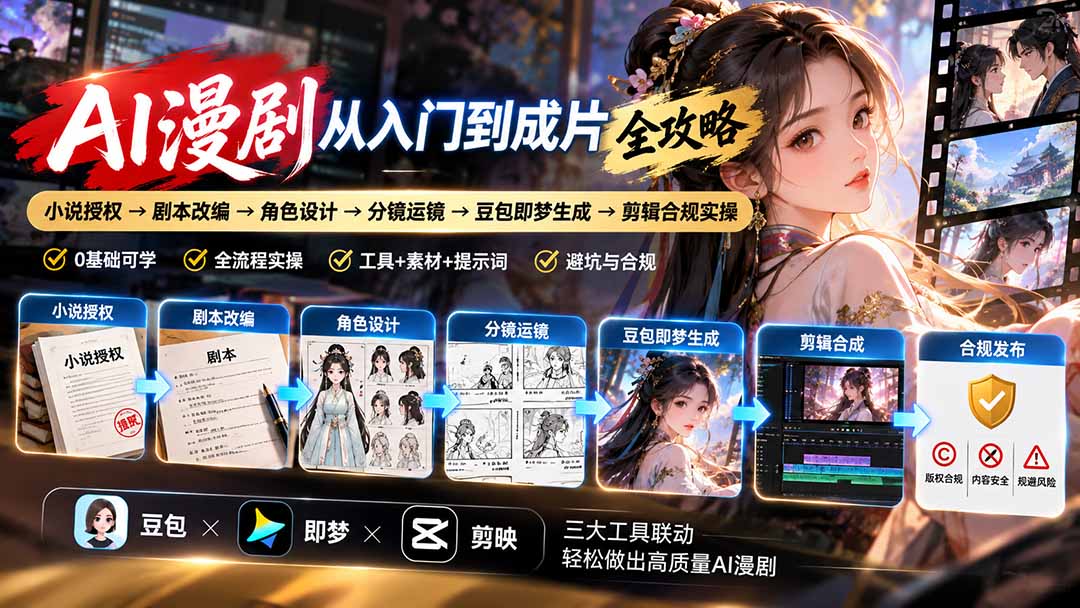 AI漫剧从入门到成片全攻略：小说授权→剧本改编→角色设计→分镜运镜→豆包即梦生成→剪辑合规实操-优优云网创