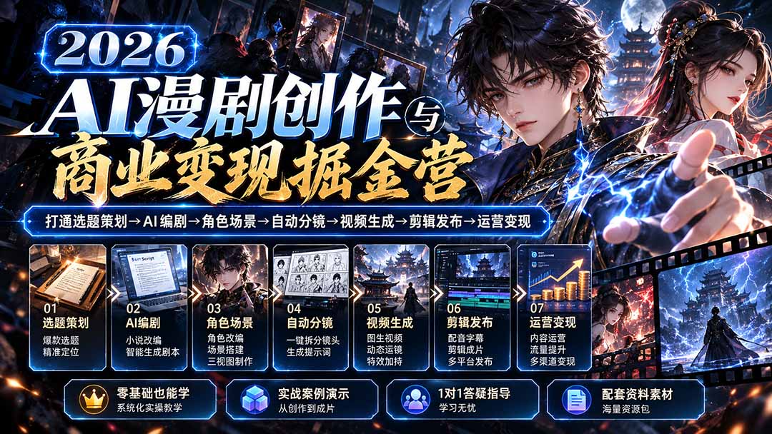【无水印】2026AI漫剧创作与商业变现掘金营：打通选题→AI编剧→角色场景→自动分镜→视频生成→剪辑发布→运营变现-优优云网创