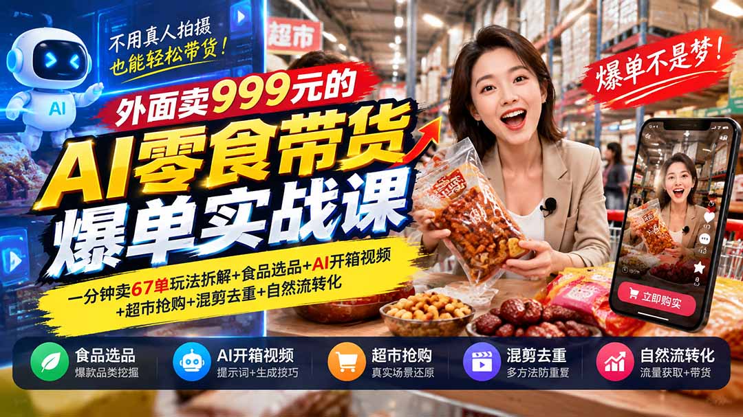 外面卖999元的AI零食带货爆单实战课｜一分钟卖67单玩法拆解+食品选品+AI开箱视频+超市抢购+混剪去重+自然流转化-优优云网创