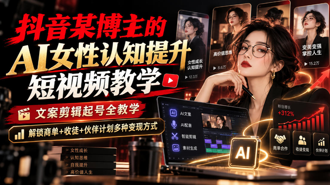 抖音某博主的Ai女性认知提升短视频教学，文案剪辑起号全教学，解锁商单+收徒+伙伴计划多种变现方式-优优云网创