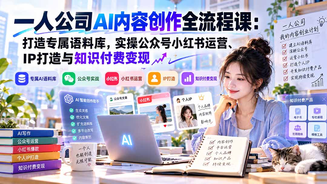 一人公司AI内容创作全流程课：打造专属语料库，实操公众号小红书运营、IP打造与知识付费变现方法论-优优云网创