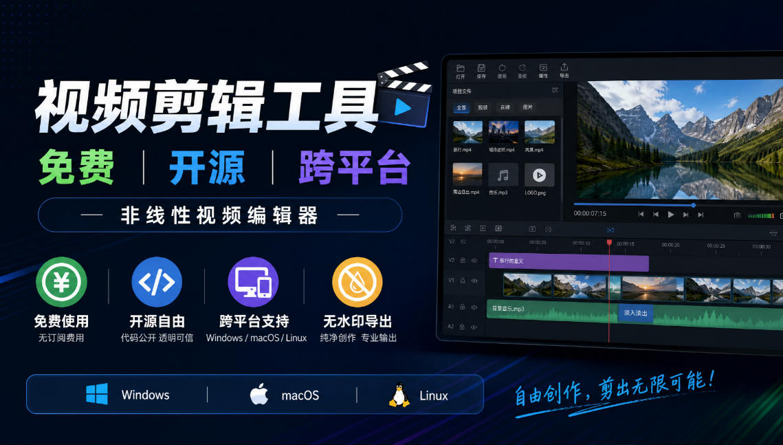 视频剪辑工具,免费、开源、跨平台,非线性视频编辑器,支持Windows、macOS、Linux,无水印、无订阅费用-优优云网创