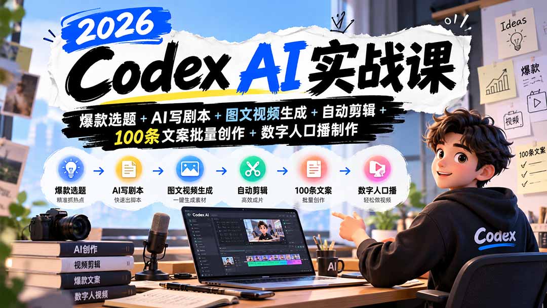 2026Codex AI实战课：爆款选题+AI写剧本+图文视频生成+自动剪辑+100条文案批量创作+数字人口播制作-优优云网创