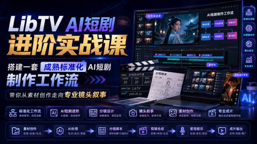 LibTV AI短剧进阶实战课，搭建一套成熟标准化AI短剧制作工作流，带你从素材创作走向专业镜头叙事(更新)-优优云网创