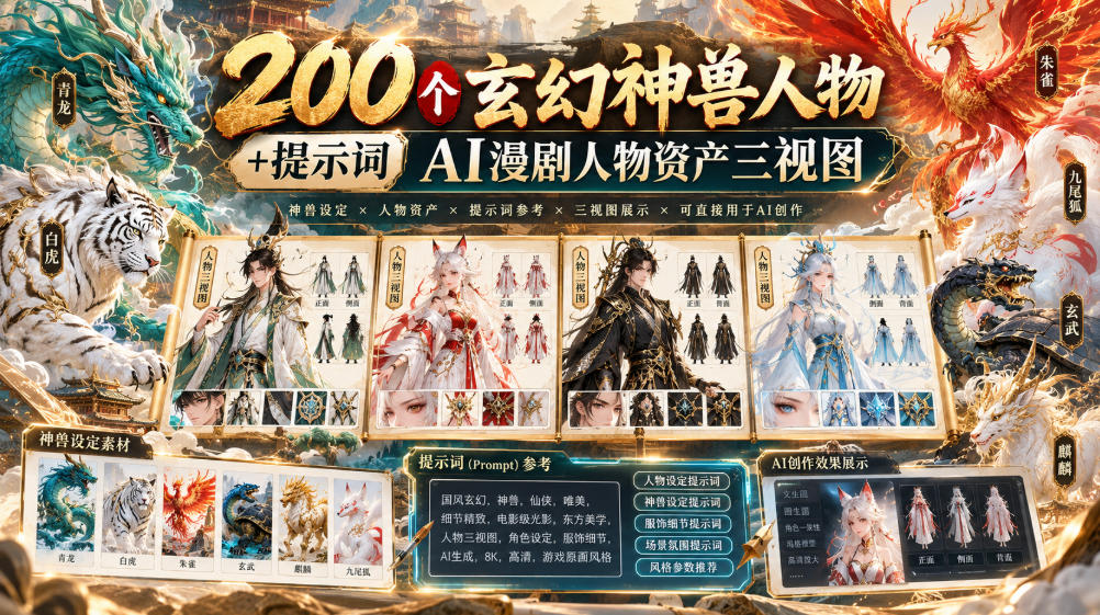 200个玄幻神兽人物+提示词ai漫剧人物资产三视图-优优云网创