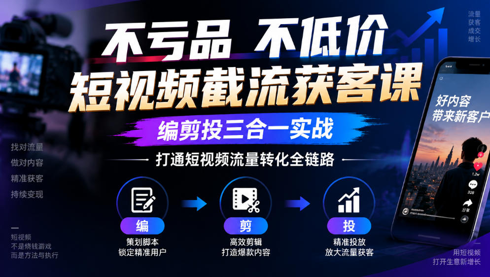 不亏品不低价短视频截流获客课，编剪投三合一实战，打通短视频流量转化全链路-优优云网创
