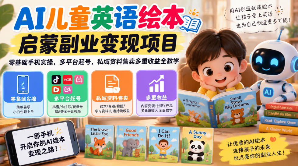 AI儿童英语绘本启蒙副业变现项目，零基础手机实操，多平台起号，私域资料售卖多重收益全教学-优优云网创