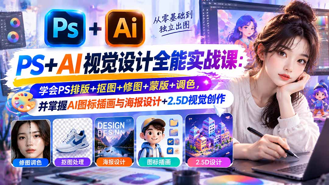 【无水印】PS+AI视觉设计全能实战课：学会PS排版+抠图+修图+蒙版+调色，并掌握AI图标插画与海报设计+2.5D视觉创作-优优云网创