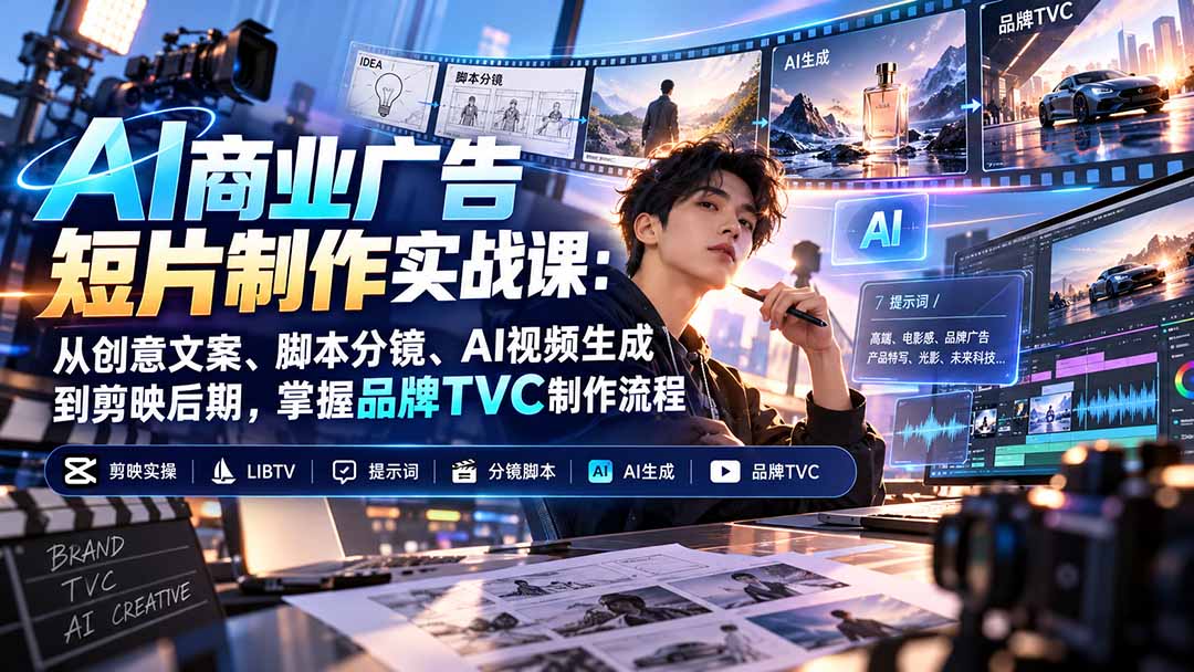 AI商业广告短片制作实战课：从创意文案、脚本分镜、AI视频生成到剪映后期，掌握品牌TVC制作流程-优优云网创