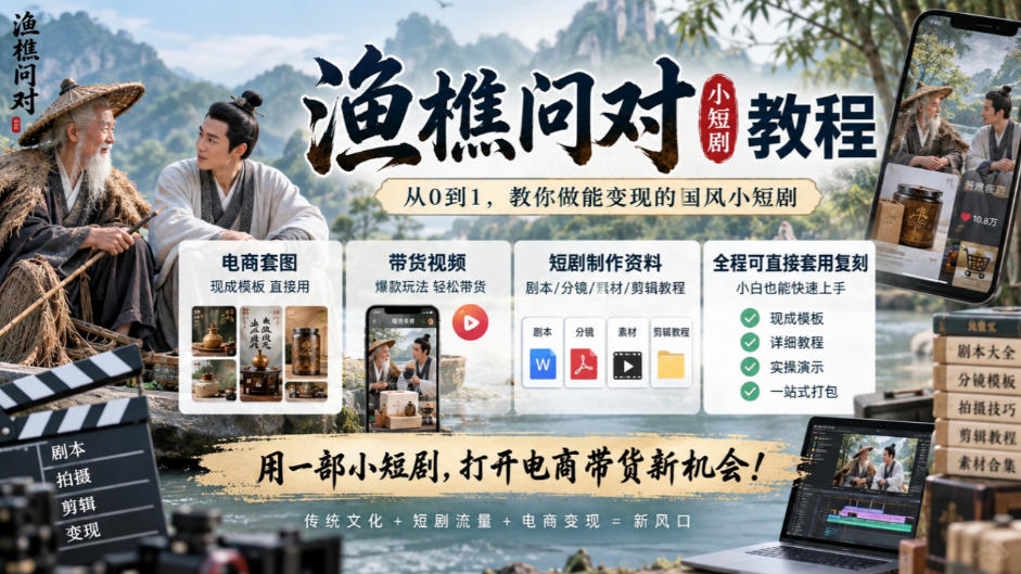 渔樵问对小短剧教程，包含电商套图、带货视频，短剧制作资料，全程可直接套用复刻-优优云网创