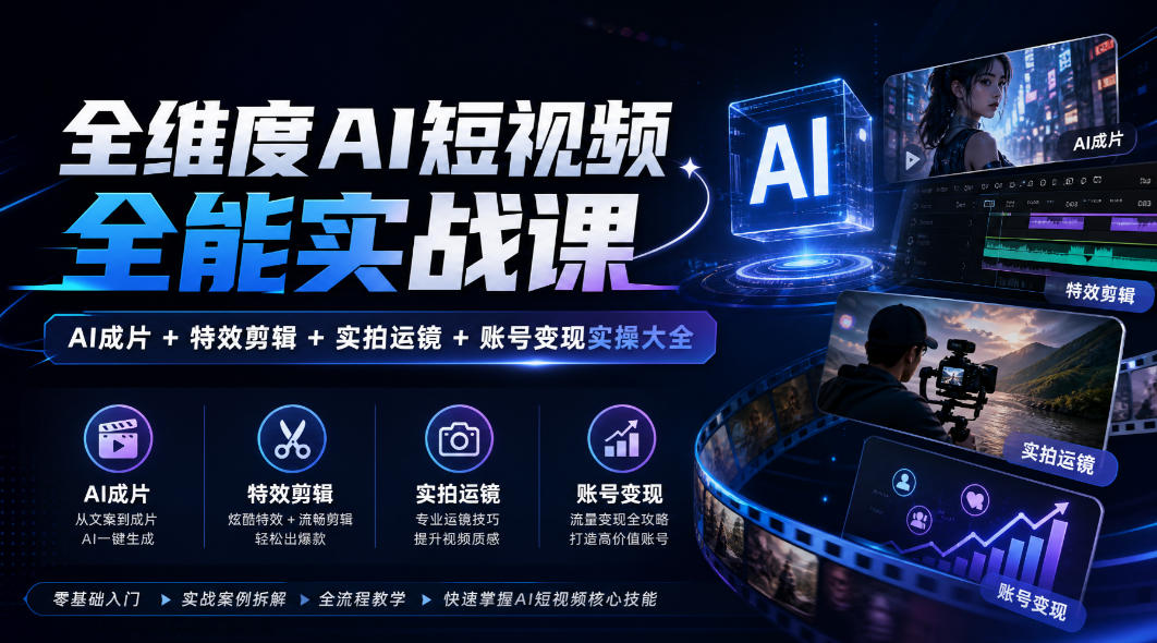 全维度AI短视频全能实战课，AI成片+特效剪辑+实拍运镜+账号变现实操大全-优优云网创