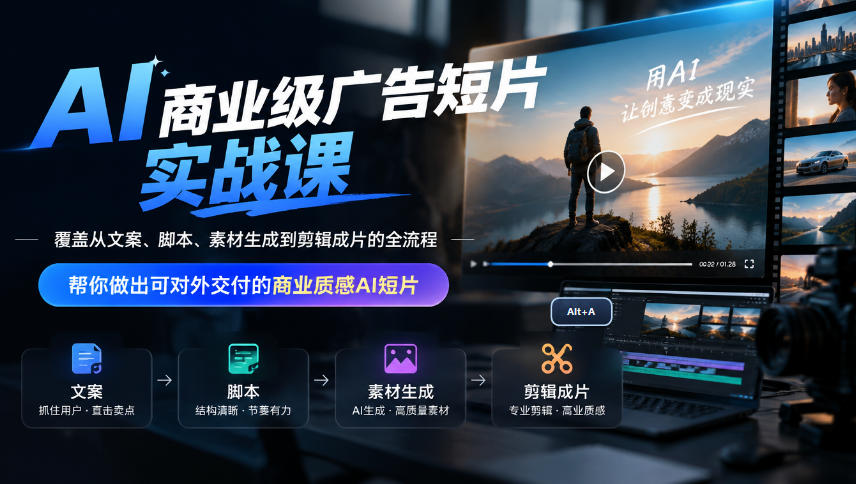 AI商业级广告短片实战课，覆盖从文案、脚本、素材生成到剪辑成片的全流程，帮你做出可对外交付的商业质感AI短片-优优云网创
