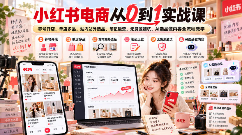 小红书电商从0到1实战课｜养号开店、单店多品、站内站外选品、笔记运营、无货源避坑、AI选品做内容全流程教学-优优云网创