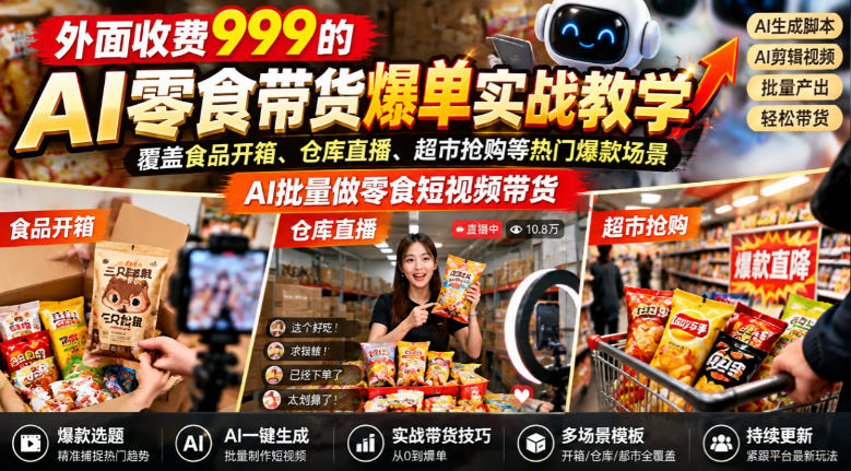 外面收费999的AI零食带货爆单实战教学，覆盖食品开箱、仓库直播、超市抢购等热门爆款场景，AI批量做零食短视频带货-优优云网创