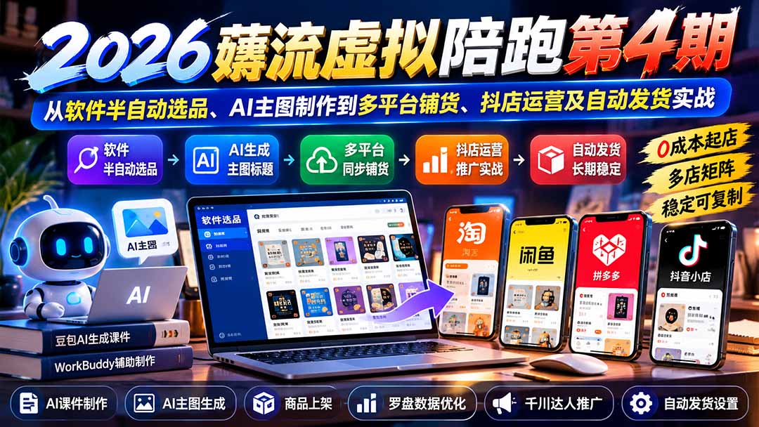 2026薅流虚拟陪跑第4期：从软件半自动选品、AI主图制作到多平台铺货、抖店运营及自动发货实战-优优云网创
