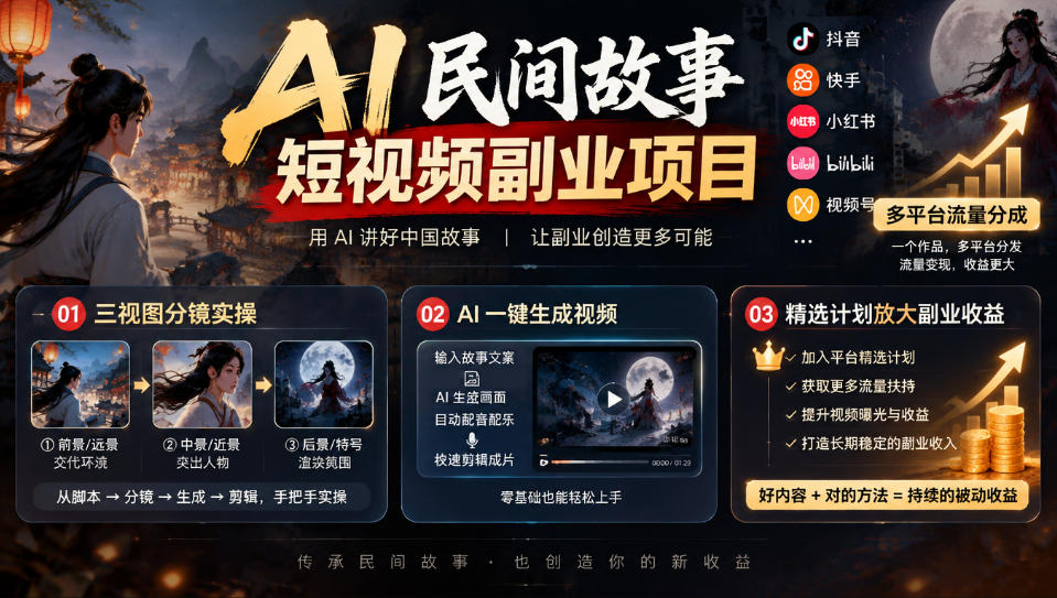 AI民间故事短视频副业项目，多平台流量分成，三视图分镜实操，精选计划放大副业收益-优优云网创